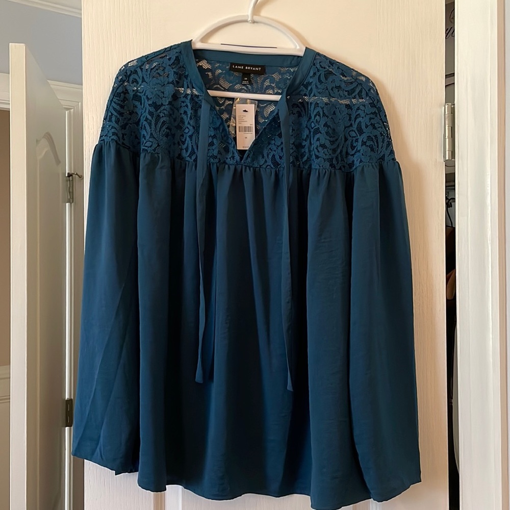 Lane Bryant blouse with lace shoulder detail in teal